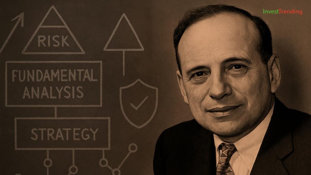 A digital photograph features Benjamin Graham, the father of value investing, seated in a formal pose wearing a dark suit, light shirt, and patterned tie. The background is styled like a chalkboard and visually represents his core investment principles with hand-drawn diagrams labeled “Risk,” “Fundamental Analysis,” “Strategy,” and “Safety.” These elements reflect his disciplined approach to investing. In the top-right corner, the brand name “InvestTrending” is subtly displayed, with “Invest” in green and “Trending” in red.