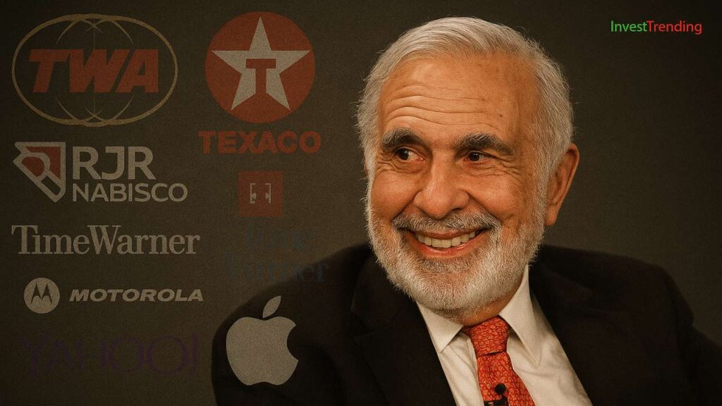 A digital photograph of Carl Icahn, the renowned American investor and activist shareholder, smiling in a professional setting. The background creatively illustrates key companies associated with his major investment deals, including TWA, Texaco, RJR Nabisco, Time Warner, Motorola, Yahoo, and Apple. The branding “InvestTrending” appears in the corner, with “Invest” in green and “Trending” in red.