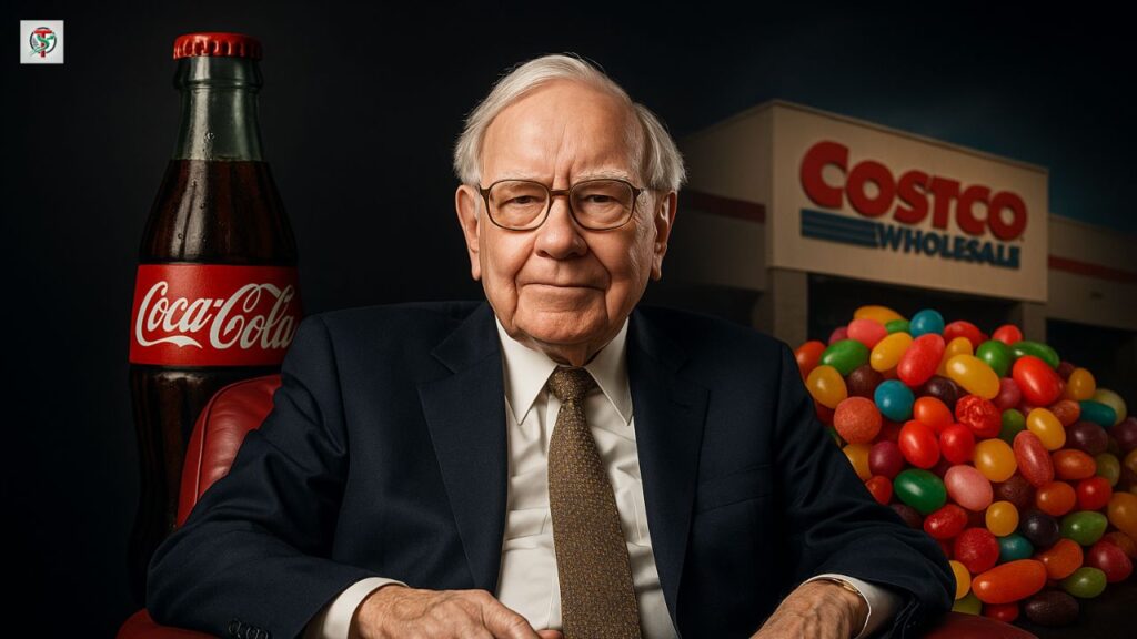 A photograph prominently features Charlie Munger seated in a red leather armchair, wearing a dark suit and patterned tie. Behind him, symbolic elements of Warren Buffett and Munger's investment portfolio are visible: a large Coca-Cola bottle, a Costco Wholesale storefront, and a colorful pile of assorted candies, all set against a dark, dramatic background.