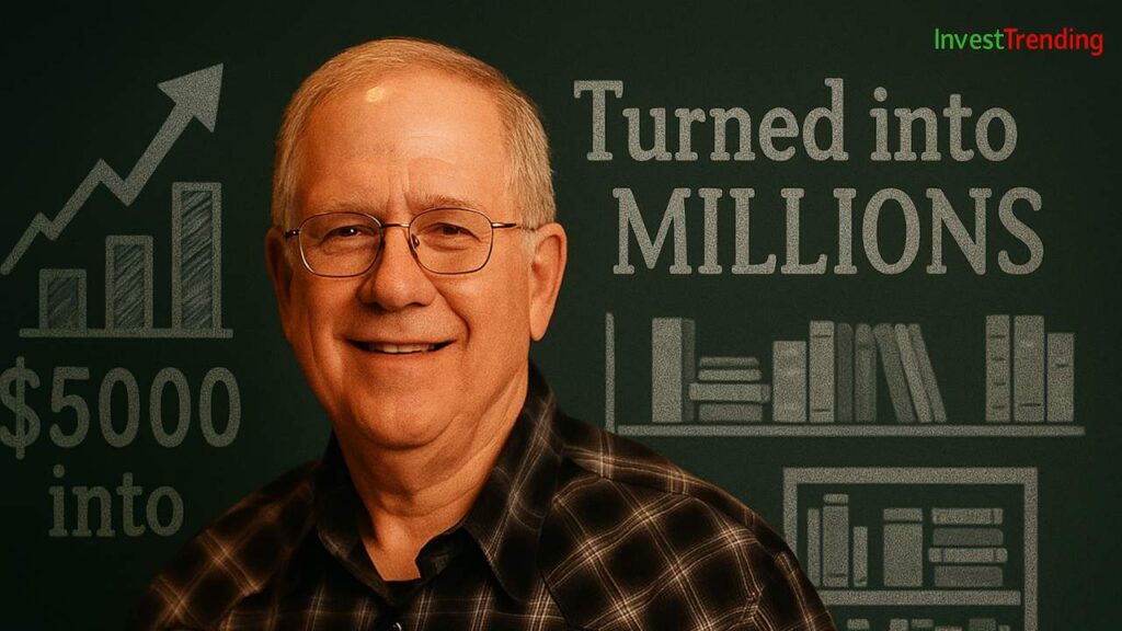 A digital photograph features Ed Seykota, an older gentleman wearing glasses and a checkered shirt, smiling gently. The background includes a realistic trading chart and bookshelf, visually representing his success in turning $5,000 into millions. A small "InvestTrending" logo appears in the corner, with "Invest" in green and "Trending" in red.