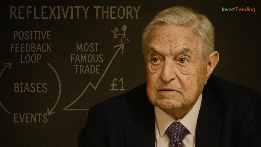 A digital photograph features George Soros, an elderly Caucasian man with silver hair, wearing a dark suit, white shirt, and patterned tie, seated in front of a microphone with a dark blue background.