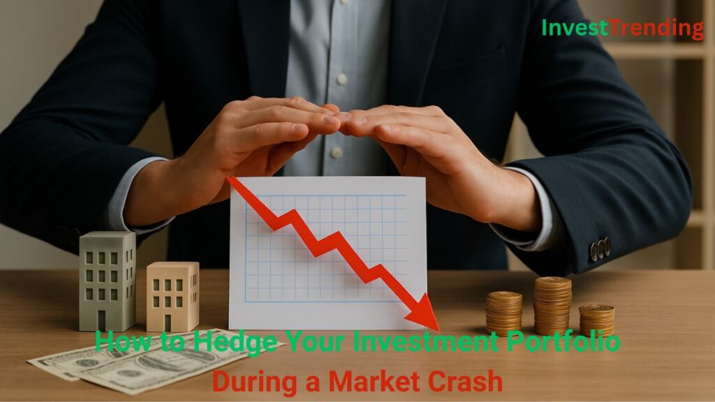 "How to Hedge Your Investment Portfolio During a Market Crash" — A businessman in a suit shielding a downward red arrow chart with his hands, symbolizing protection during a financial downturn, with coins, dollar bills, and miniature buildings on the table.