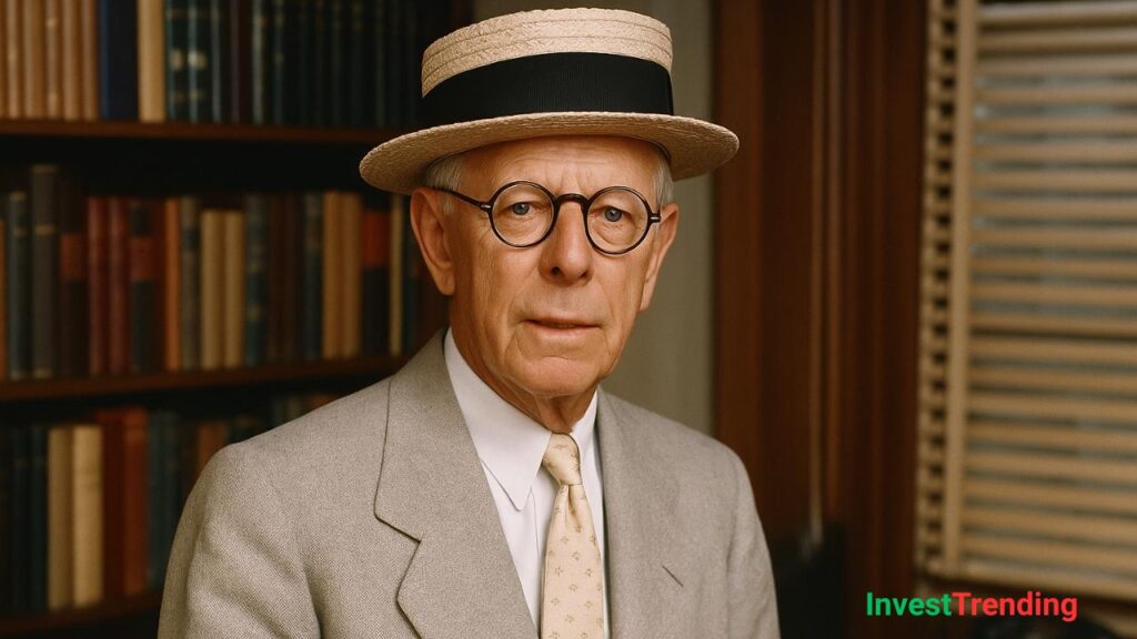 Jesse Livermore, dressed in a classic light gray suit and straw boater hat, stands confidently in his vintage office with bookshelves in the background — a setting that reflects the iconic stock trader's legendary presence in financial history.