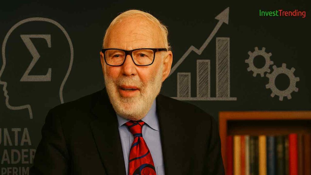 Jim Simons. An older Caucasian man with a white beard, wearing glasses, a navy blazer, and a red patterned tie, seated and speaking in a formal setting. Behind him, visuals represent data analytics, algorithms, and abstract mathematical illustrations. A small “InvestTrending” logo appears in the corner.
