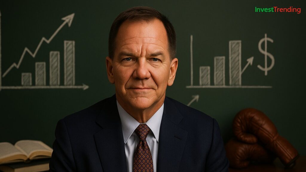 A realistic digital portrait of Paul Tudor Jones, a middle-aged Caucasian man with short gray hair, wearing a dark suit and light blue shirt, shown against a background visualizing his life journey — from early education and boxing to founding Tudor Investment Corporation and predicting the 1987 stock market crash. The background also includes subtle representations of global macro trading charts, philanthropy through the Robin Hood Foundation, and economic indicators. The InvestTrending logo appears in the top-right corner, with "Invest" in green and "Trending" in red.
