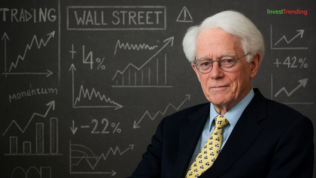 A digital photograph features an older Caucasian man with white hair and glasses, dressed in a navy suit, light blue shirt, and a yellow tie with a subtle pattern, seated confidently against a dark background. Behind him, a chalkboard-style wall displays hand-drawn financial graphs, trading symbols, and the words "WALL STREET," evoking themes of investment and market psychology. In the top-right corner, the brand name "InvestTrending" appears subtly, with "Invest" in green and "Trending" in red. A digital photograph features Peter Lynch, a renowned investor, with white hair and glasses, dressed in a navy suit, light blue shirt, and a yellow patterned tie, seated confidently against a dark background. Behind him, a chalkboard-style wall displays hand-drawn financial graphs, trading symbols, and the words "WALL STREET," evoking themes of investment and market psychology. In the top-right corner, the brand name "InvestTrending" appears subtly, with "Invest" in green and "Trending" in red.