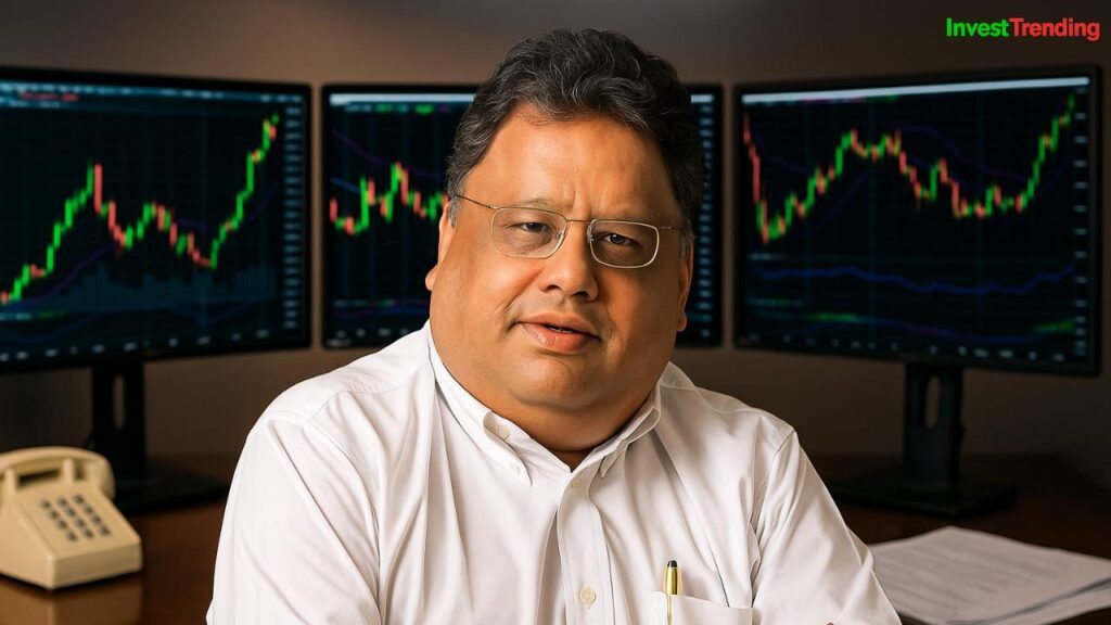 Rakesh Jhunjhunwala sitting confidently at a desk with three trading monitors displaying stock charts, an old-fashioned telephone, and documents, symbolizing his success in the stock market. The InvestTrending brand is subtly placed in the top-right corner.