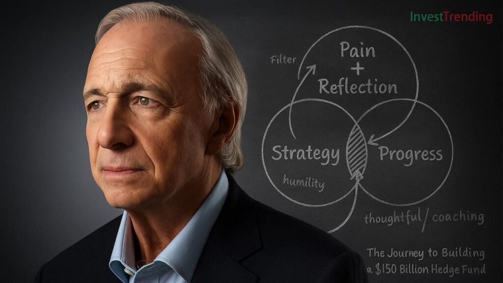 A high-resolution digital portrait features Ray Dalio, the renowned hedge fund manager, with a contemplative expression. He is dressed in a dark suit and light blue shirt, facing slightly to the left against a deep gray background. Behind him, a chalkboard-style diagram visualizes his philosophy with interlocking circles labeled “Pain + Reflection,” “Strategy,” and “Progress,” representing his approach to growth and decision-making. Additional handwritten terms like “humility,” “filter,” and “The Journey to Building a $150 Billion Hedge Fund” enrich the context. In the top-right corner, the branding “InvestTrending” appears subtly, with “Invest” in green and “Trending” in red.