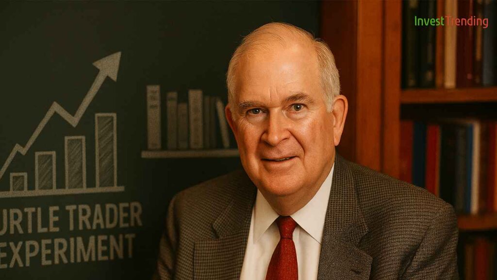 A high-resolution image of an older Caucasian man in a suit and red tie, seated in front of a bookshelf, with a trading chart and visuals referencing the Turtle Trader Experiment in the background. The InvestTrending logo appears in the corner.