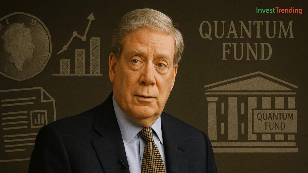 A digital photograph features Stanley Druckenmiller, an older Caucasian man with gray hair, wearing a dark suit, light blue shirt, and patterned tie, gesturing while speaking, with a realistic background visualization of the British pound, financial documents, and the Quantum Fund, representing his famous $1 billion profit trade. The brand "InvestTrending" is displayed subtly in the corner with "Invest" in green and "Trending" in red.