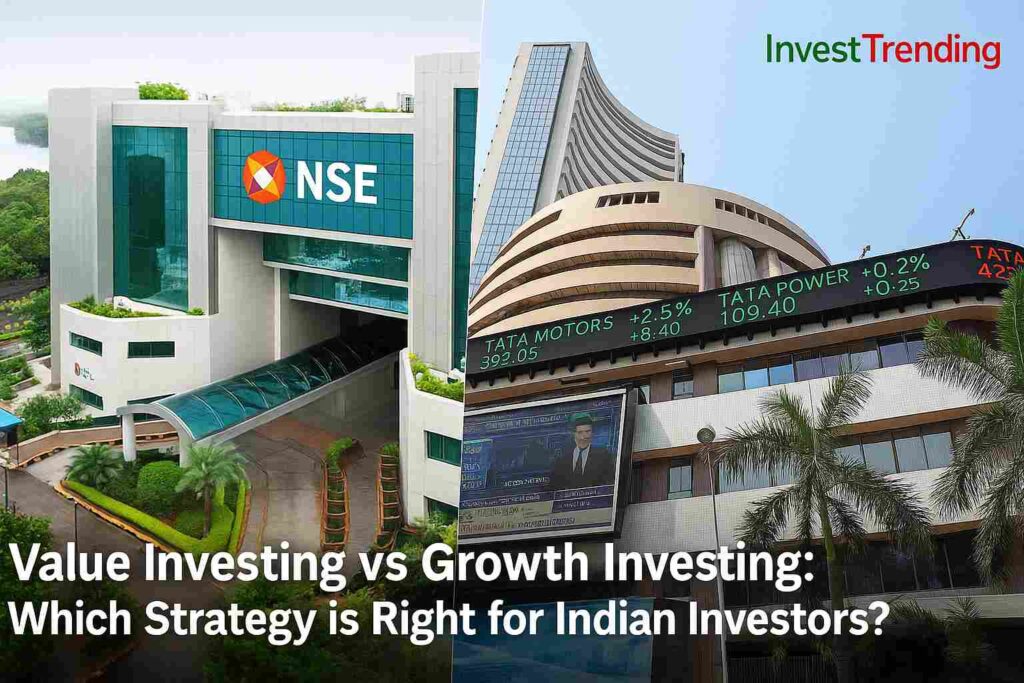 A composite image showing the buildings of the National Stock Exchange (NSE) and the Bombay Stock Exchange (BSE) side by side, representing India's major financial institutions.  Value Investing vs Growth Investing: Which Strategy is Right for Indian Investors? 