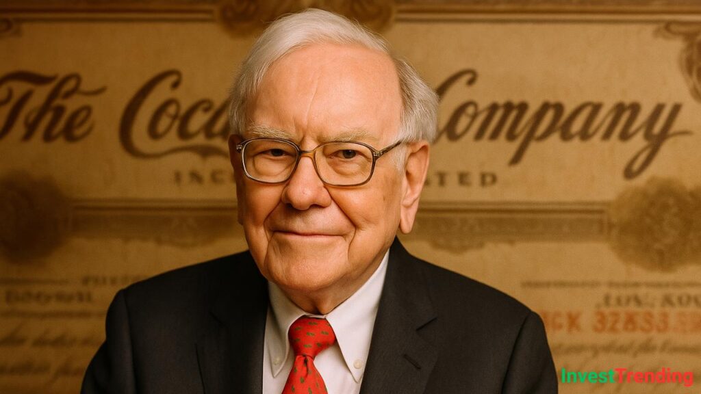 Warren Buffett, the legendary investor and chairman of Berkshire Hathaway, smiles confidently in a dark suit and red tie, with a vintage Coca-Cola stock certificate background highlighting one of his most iconic long-term holdings.