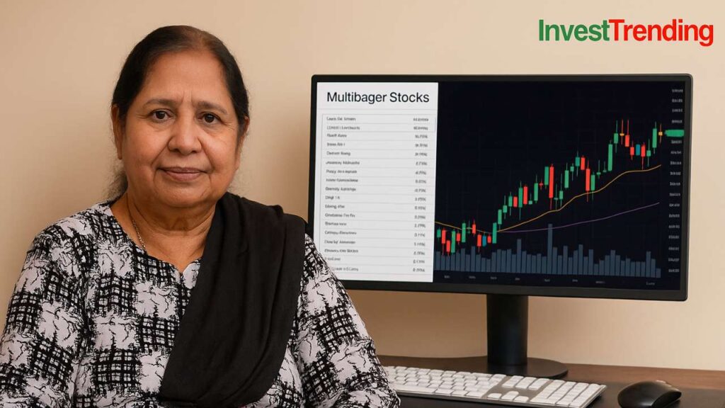 Dolly Khanna, wearing a printed kurta and black shawl, sits confidently in front of a computer screen displaying a list of multibagger stocks and a trading chart, with the InvestTrending logo in the top-right corner.