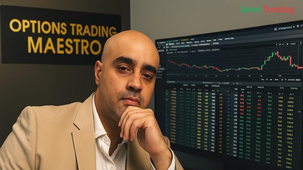 Manish Dhawan, seated confidently in a beige blazer beside a computer screen displaying colorful options trading data, with a background sign reading "Options Trading Maestro."