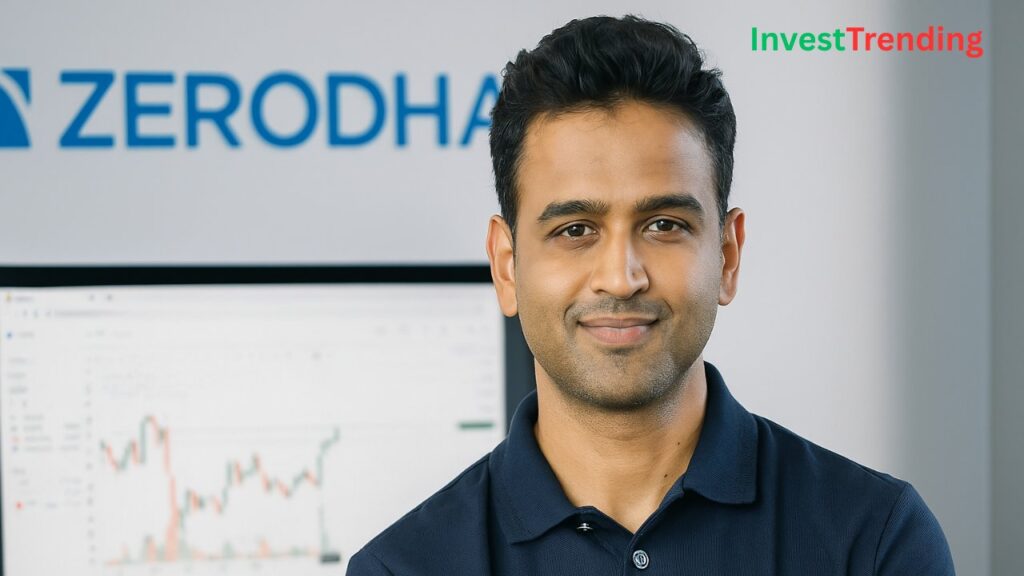 Nithin Kamath, dressed in a navy blue polo shirt, stands confidently in front of a trading setup with the Zerodha logo and a stock chart on the screen, alongside the InvestTrending brand in the corner.