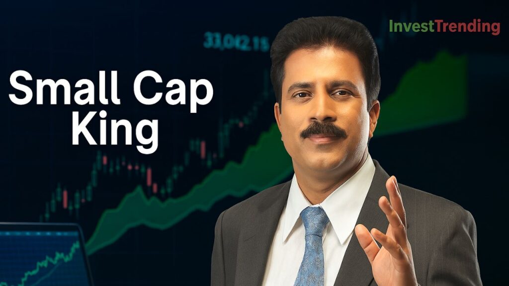 Porinju Veliyath, known as the Small Cap King, stands confidently in a business suit with a trading chart of the small-cap index on a large screen in the background and a laptop displaying stock analysis in front. The top-right corner features the InvestTrending logo in green and red.