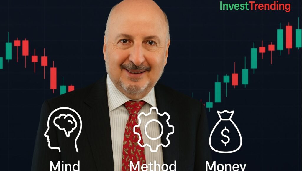 Portrait of Alexander Elder with trading candlestick chart in the background and icons below representing his Three M strategy: Mind, Method, and Money.