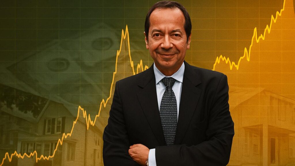 John Paulson standing against a backdrop of a gold graph, with subtle overlays of subprime housing collapse data, highlighting his key trades.