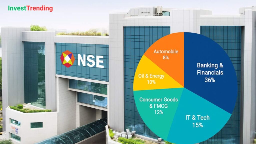 NSE building with a realistic pie chart showing sector-wise distribution of Nifty 50 stocks in 2025, including key sectors like banking, IT, and FMCG.