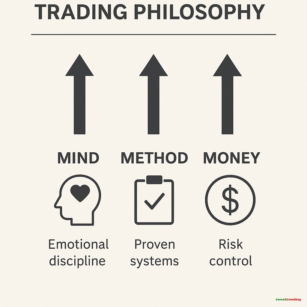 Infographic illustrating Alexander Elder’s trading philosophy: Mind, Method, and Money — with icons for emotional discipline, proven systems, and risk control.